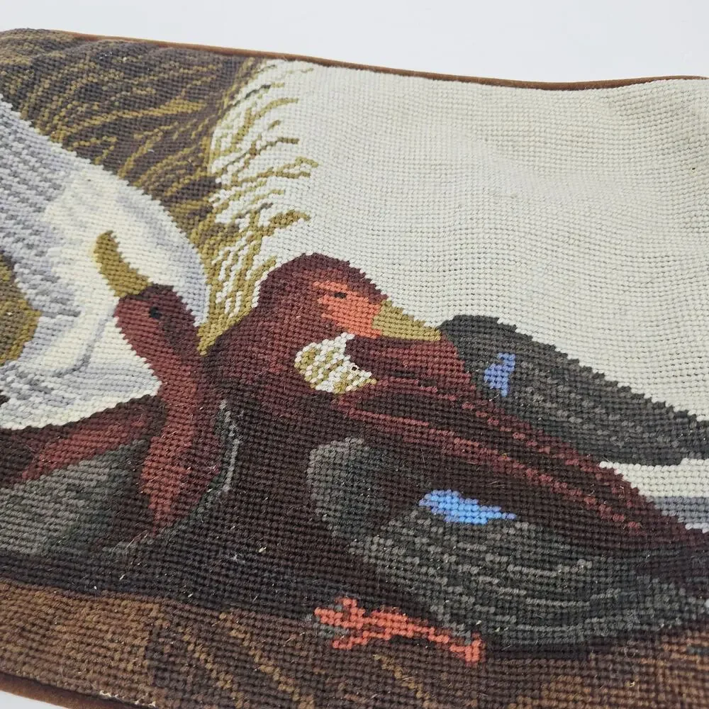 Vintage Beautiful Needlepoint Pillow Cover Hand Stitched Wild Geese Tapestry